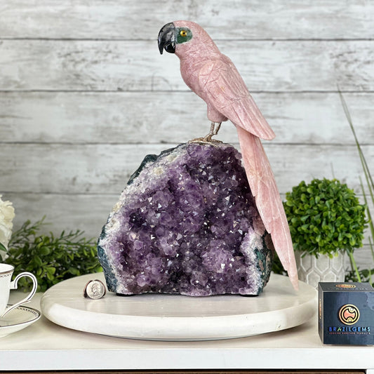 Extra Large Hand-Carved Rose Quartz Macaw Bird w/ Amethyst Base, 14" Tall #3006-RQMAM-013